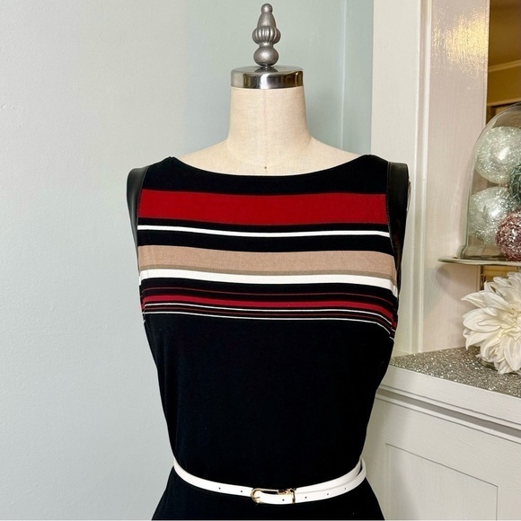 White House Black Market Striped Slimming Sheath Dress Leather Trim 6 Small - Picture 4 of 11